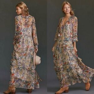 Anthropologie Marais Tiered Floral Chiffon Owl Maxi Dress